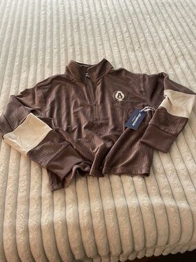 Aeropostale Brown Corduroy Quarter-Zip Pullover with Cream Sleeve Panels